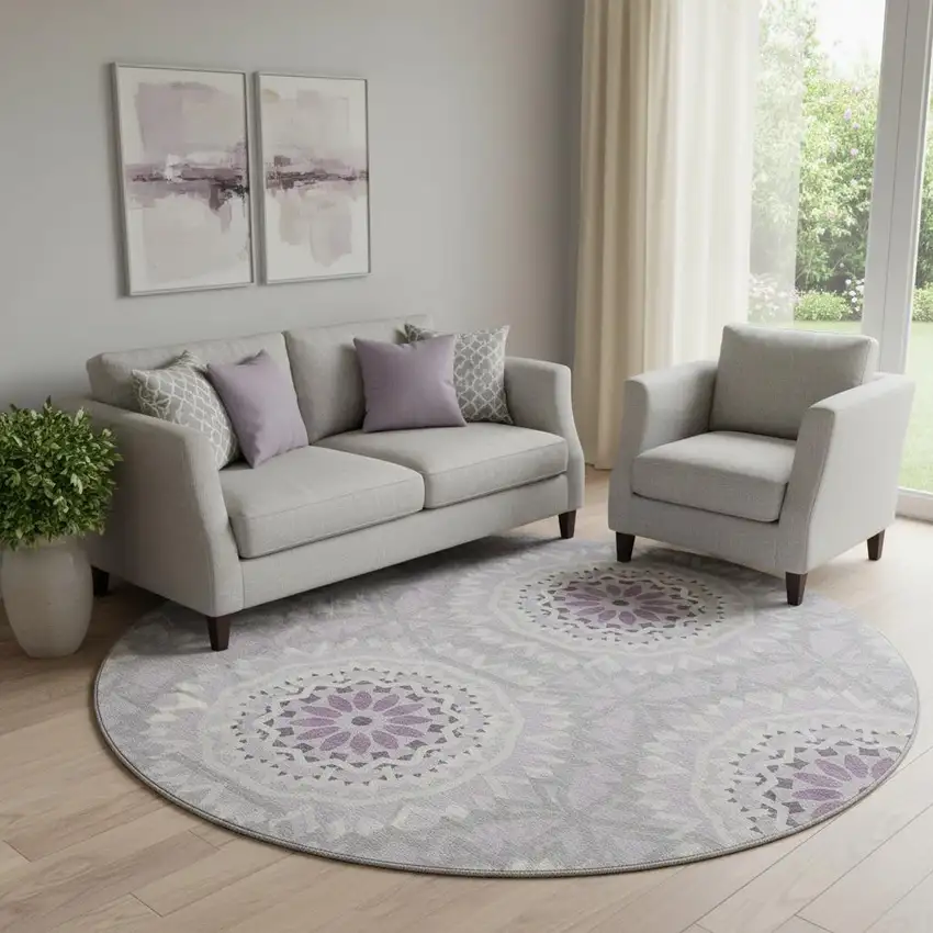 8' Lilac And Ivory Geometric Washable Round Rug With UV Protection Photo 1