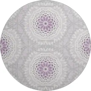 Photo of 8' Lilac And Ivory Geometric Washable Round Rug With UV Protection
