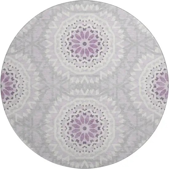 8' Lilac And Ivory Geometric Washable Round Rug With UV Protection Photo 1