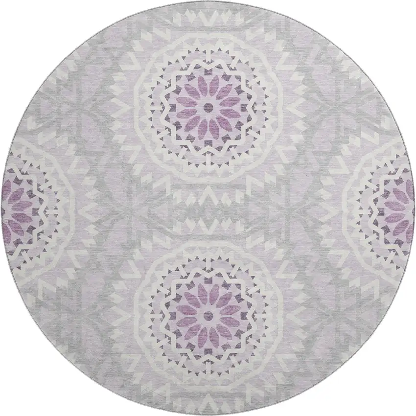 8' Lilac And Ivory Geometric Washable Round Rug With UV Protection Photo 1