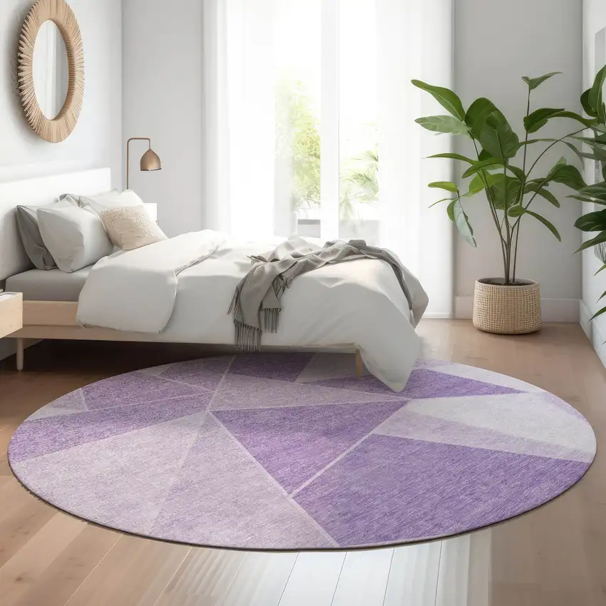 8' Lilac And Ivory Geometric Washable Round Rug With UV Protection Photo 5