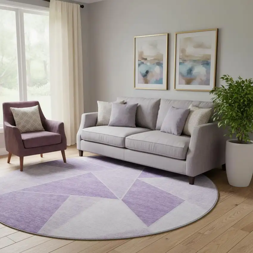 8' Lilac And Ivory Geometric Washable Round Rug With UV Protection Photo 1