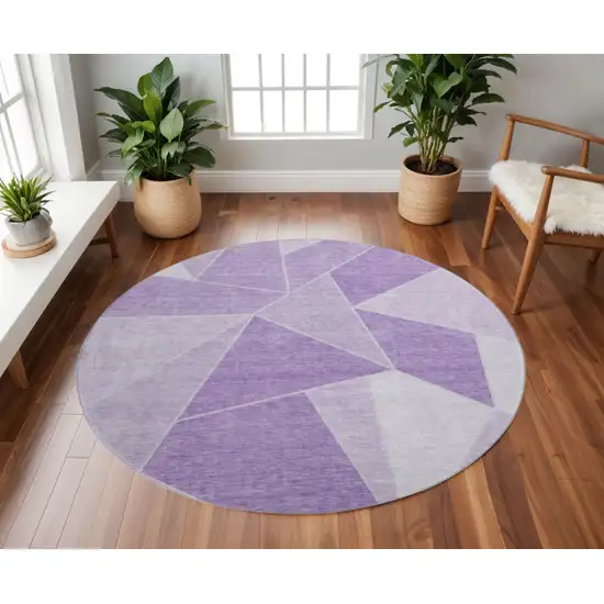 8' Lilac And Ivory Geometric Washable Round Rug With UV Protection Photo 2