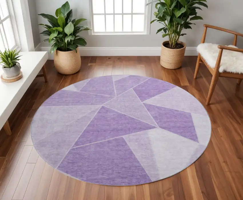 8' Lilac And Ivory Geometric Washable Round Rug With UV Protection Photo 2