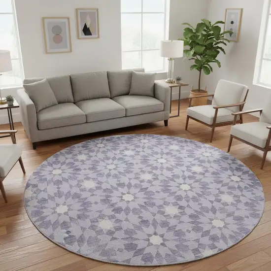 8' Lilac And Ivory Geometric Washable Round Rug With UV Protection Photo 2