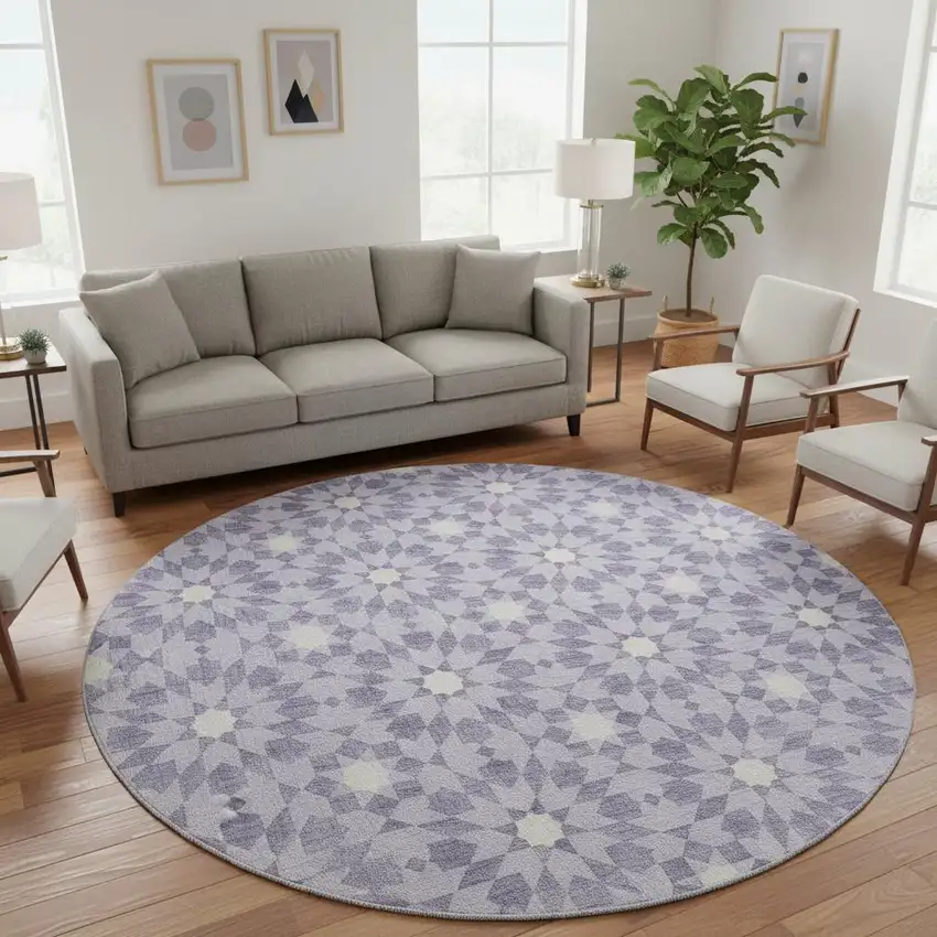 8' Lilac And Ivory Geometric Washable Round Rug With UV Protection Photo 2