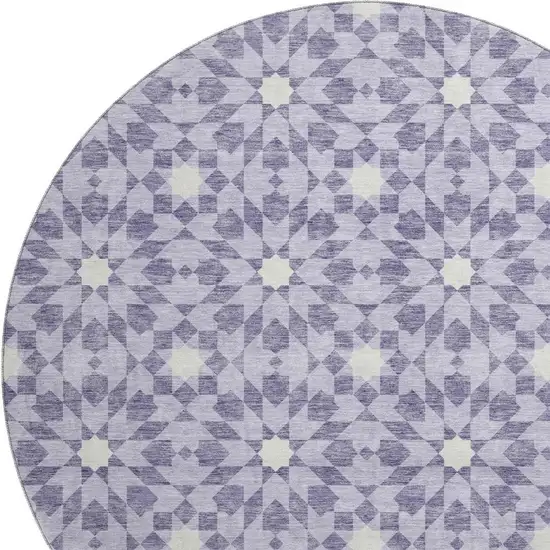 8' Lilac And Ivory Geometric Washable Round Rug With UV Protection Photo 3