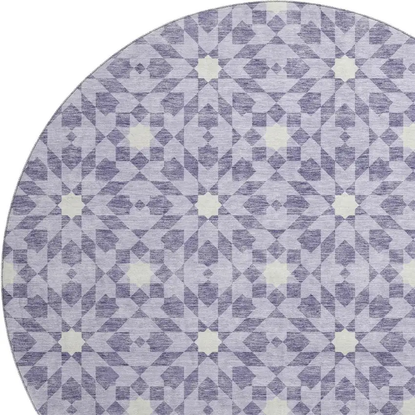 8' Lilac And Ivory Geometric Washable Round Rug With UV Protection Photo 3