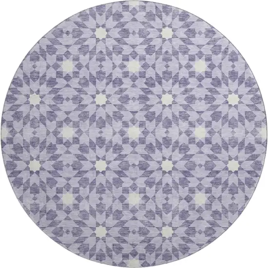 8' Lilac And Ivory Geometric Washable Round Rug With UV Protection Photo 1