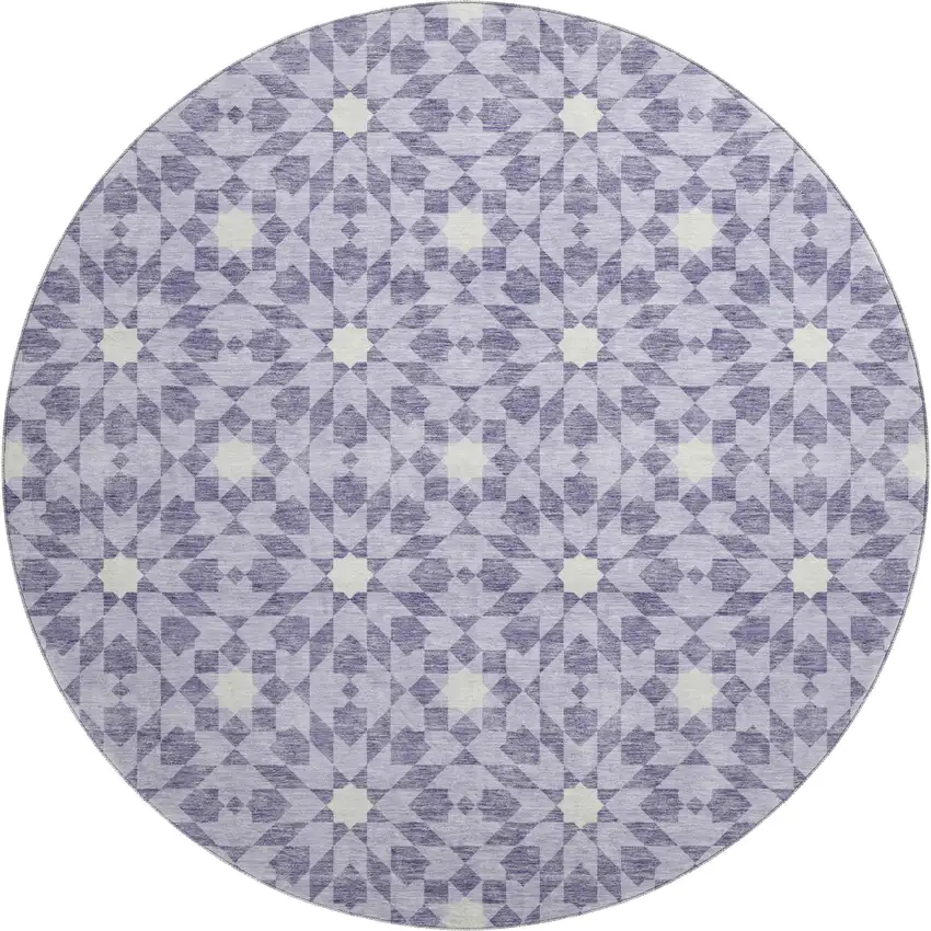 8' Lilac And Ivory Geometric Washable Round Rug With UV Protection Photo 1