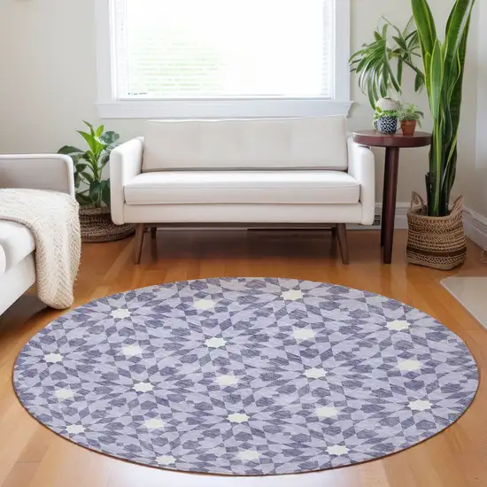 8' Lilac And Ivory Geometric Washable Round Rug With UV Protection Photo 5