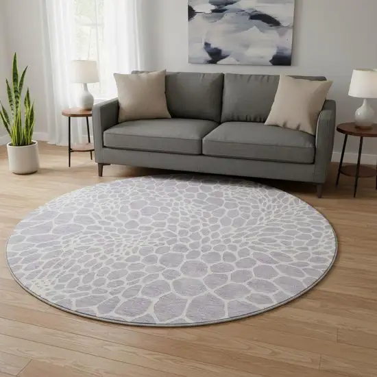 8' Lilac And Ivory Geometric Washable Round Rug With UV Protection Photo 2
