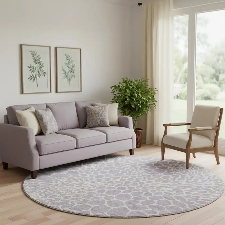 8' Lilac And Ivory Geometric Washable Round Rug With UV Protection Photo 1