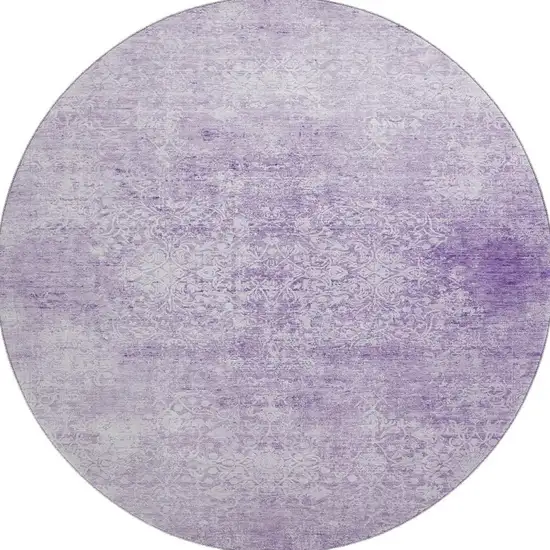 8' Lilac And Ivory Oriental Washable Round Rug With UV Protection Photo 2