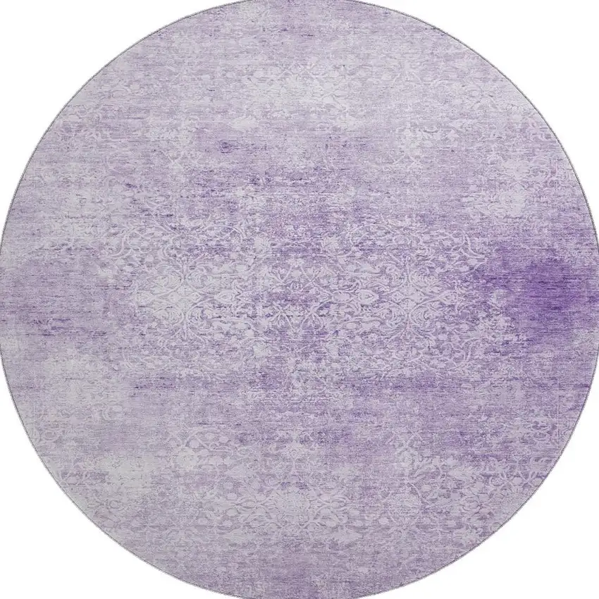 8' Lilac And Ivory Oriental Washable Round Rug With UV Protection Photo 2