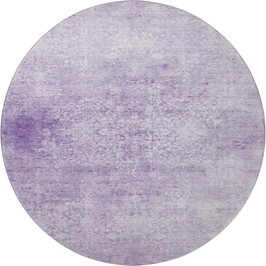 8' Lilac And Ivory Oriental Washable Round Rug With UV Protection Photo 3