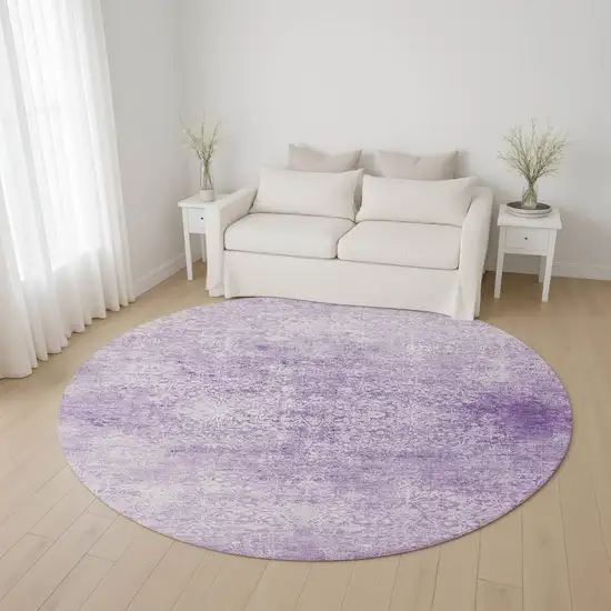 8' Lilac And Ivory Oriental Washable Round Rug With UV Protection Photo 4