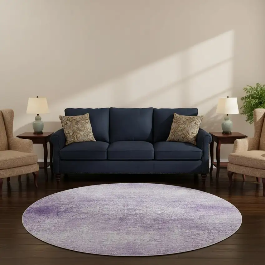 8' Lilac And Ivory Oriental Washable Round Rug With UV Protection Photo 2