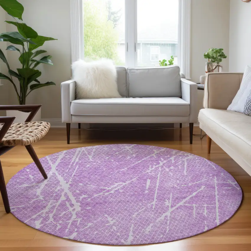 8' Lilac And Ivory Round Abstract Washable Indoor Outdoor Area Rug Photo 5