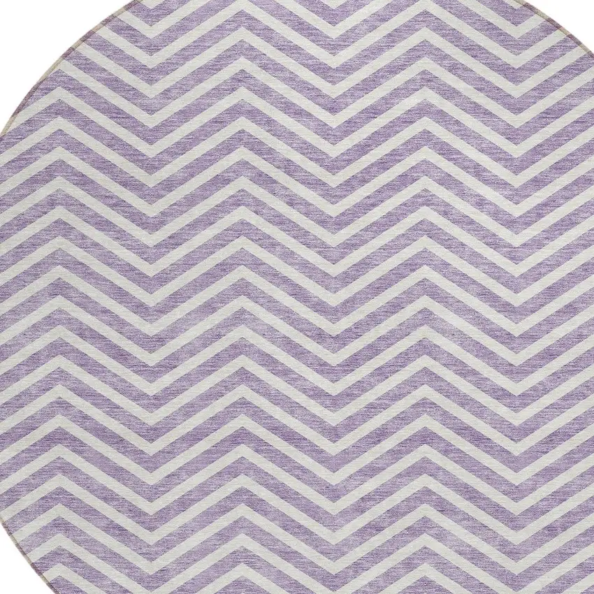 8' Lilac And Ivory Round Chevron Washable Indoor Outdoor Area Rug Photo 5