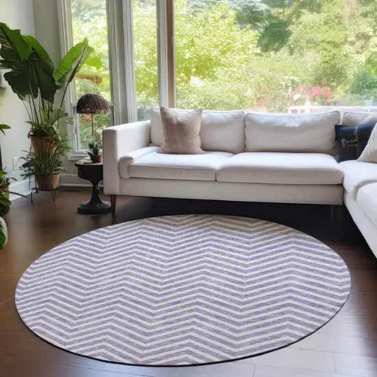 8' Lilac And Ivory Round Chevron Washable Indoor Outdoor Area Rug Photo 8