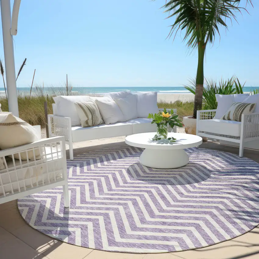 8' Lilac And Ivory Round Chevron Washable Indoor Outdoor Area Rug Photo 7