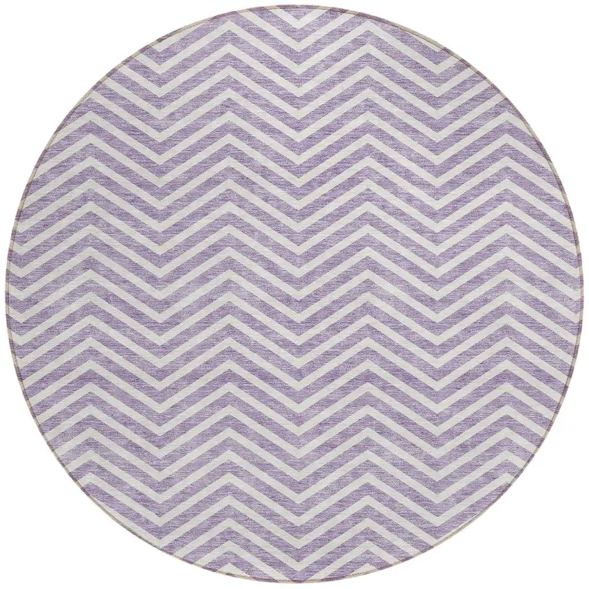 8' Lilac And Ivory Round Chevron Washable Indoor Outdoor Area Rug Photo 6