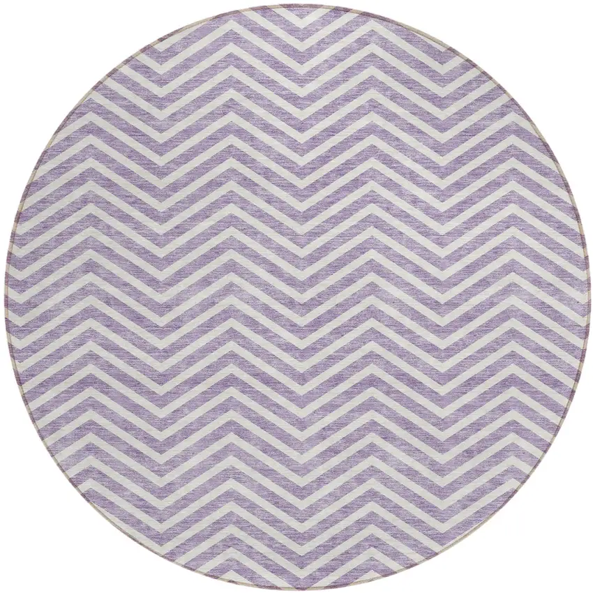 8' Lilac And Ivory Round Chevron Washable Indoor Outdoor Area Rug Photo 2