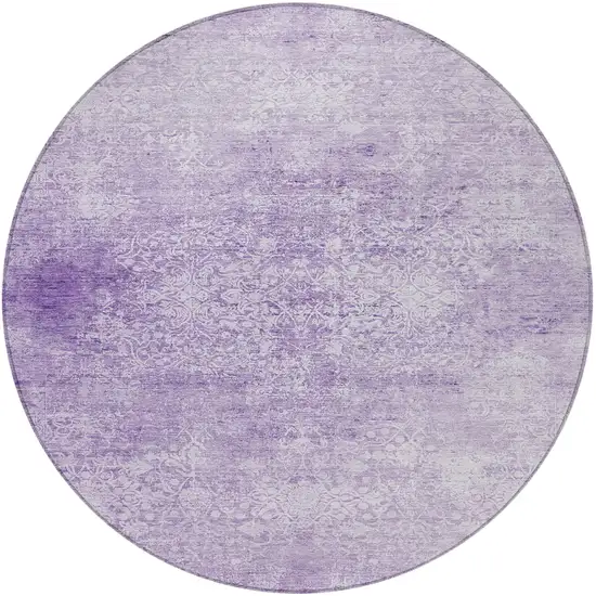 8' Lilac And Ivory Round Floral Medallion Washable Indoor Outdoor Area Rug Photo 4