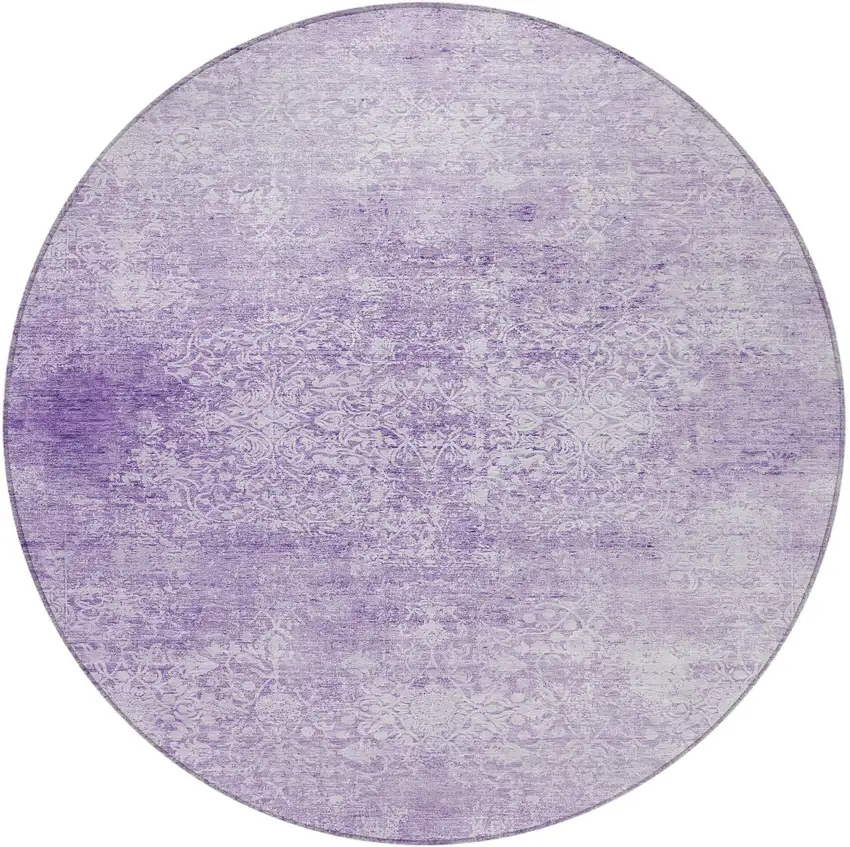 8' Lilac And Ivory Round Floral Medallion Washable Indoor Outdoor Area Rug Photo 4