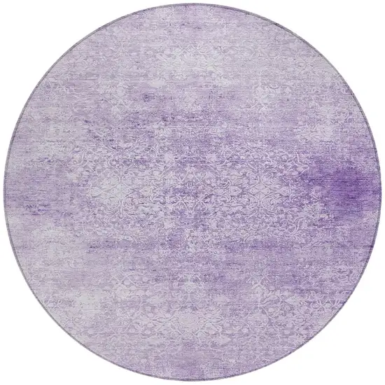 8' Lilac And Ivory Round Floral Medallion Washable Indoor Outdoor Area Rug Photo 3