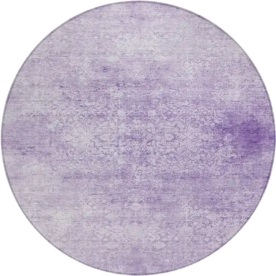 8' Lilac And Ivory Round Floral Medallion Washable Indoor Outdoor Area Rug Photo 1