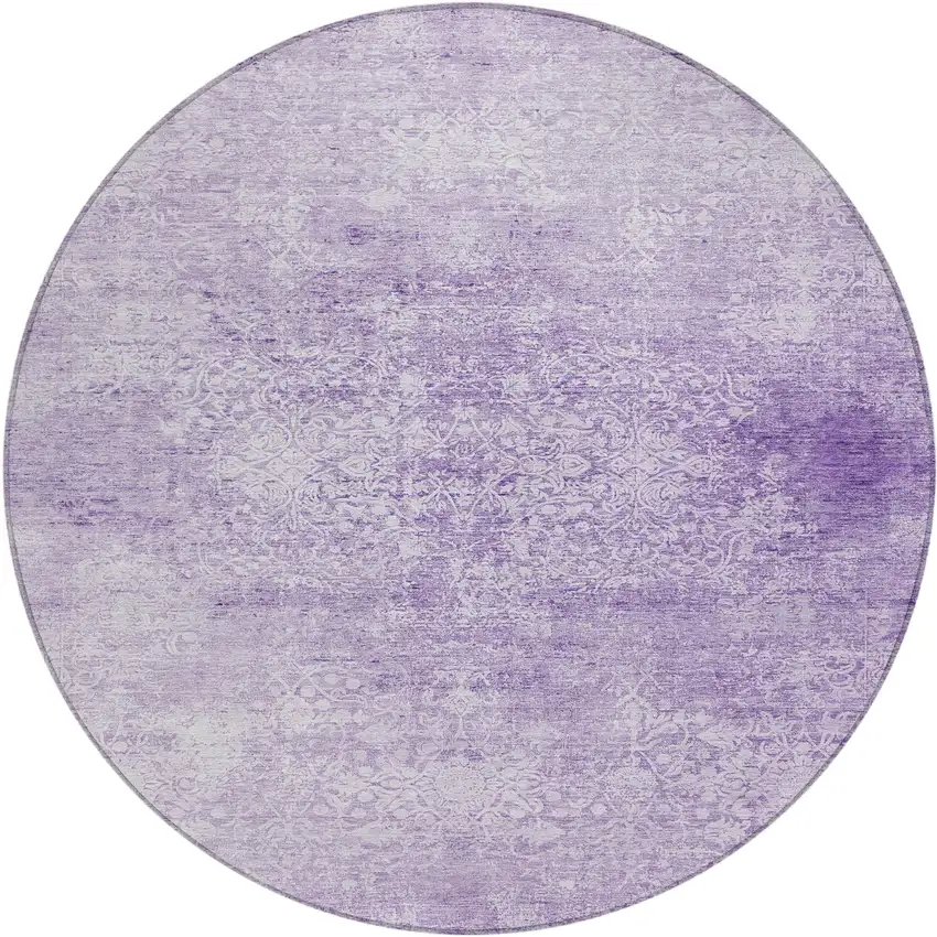 8' Lilac And Ivory Round Floral Medallion Washable Indoor Outdoor Area Rug Photo 1