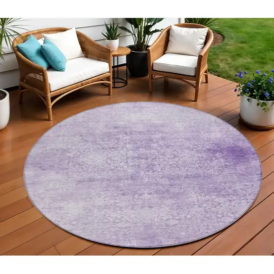8' Lilac And Ivory Round Floral Medallion Washable Indoor Outdoor Area Rug Photo 2