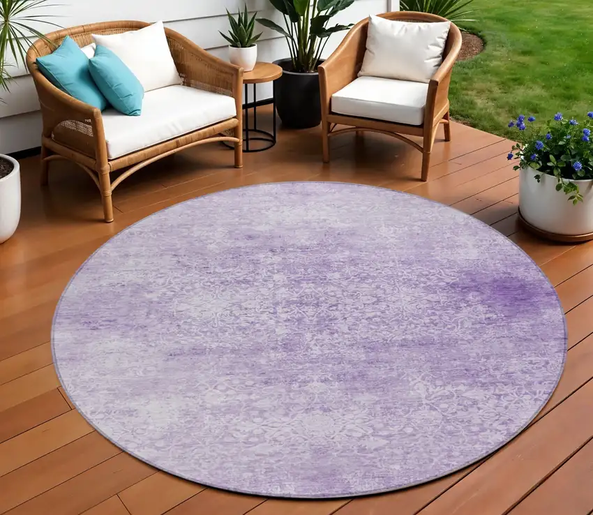 8' Lilac And Ivory Round Floral Medallion Washable Indoor Outdoor Area Rug Photo 2