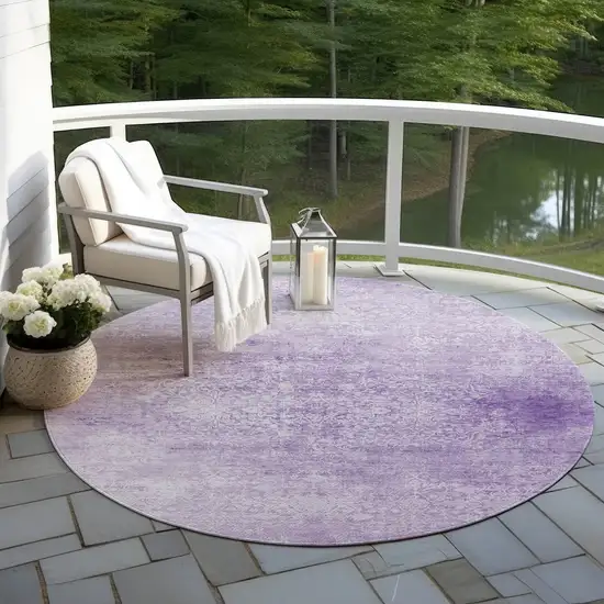 8' Lilac And Ivory Round Floral Medallion Washable Indoor Outdoor Area Rug Photo 5