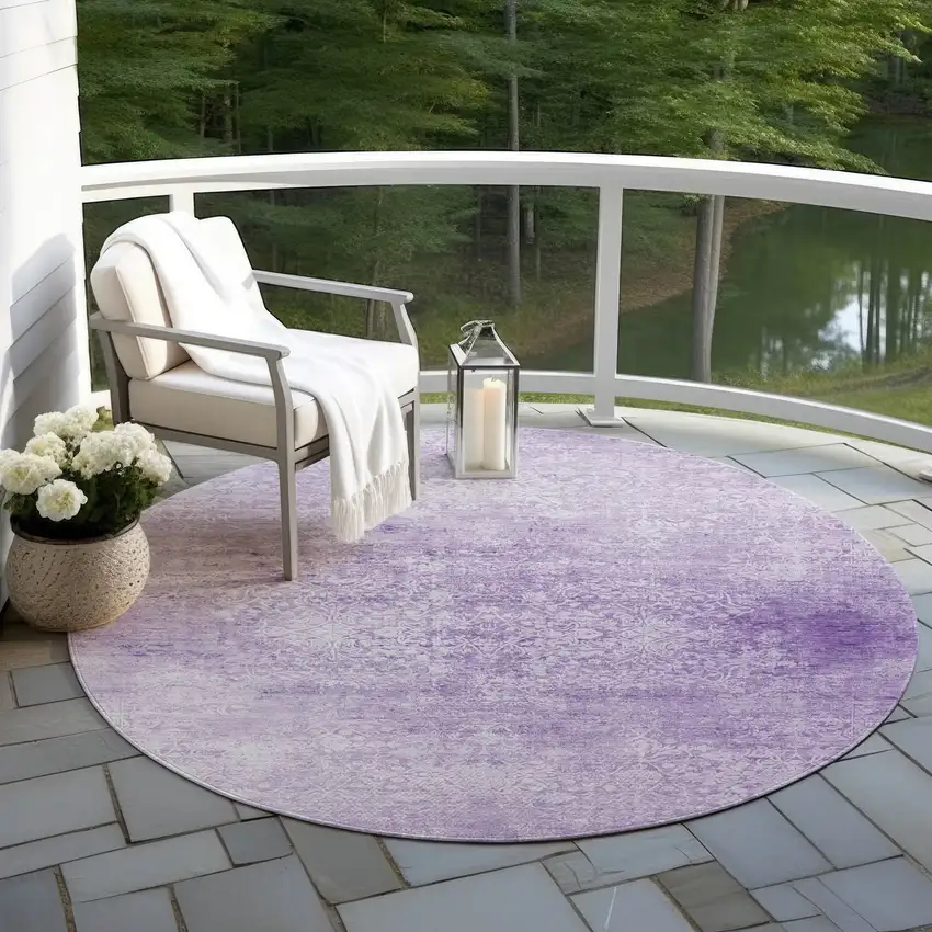 8' Lilac And Ivory Round Floral Medallion Washable Indoor Outdoor Area Rug Photo 5