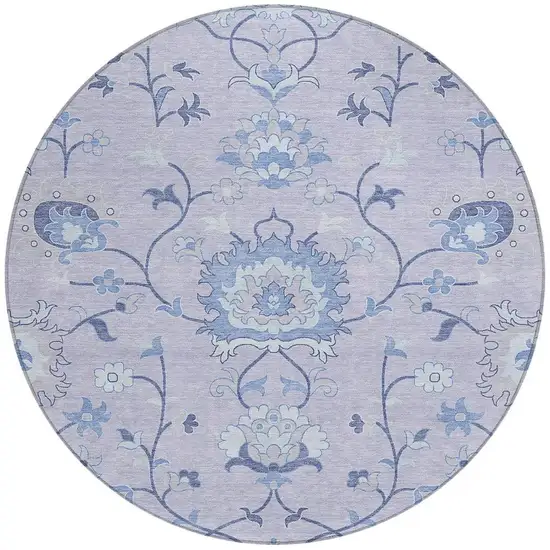 8' Lilac And Ivory Round Floral Washable Indoor Outdoor Area Rug Photo 4