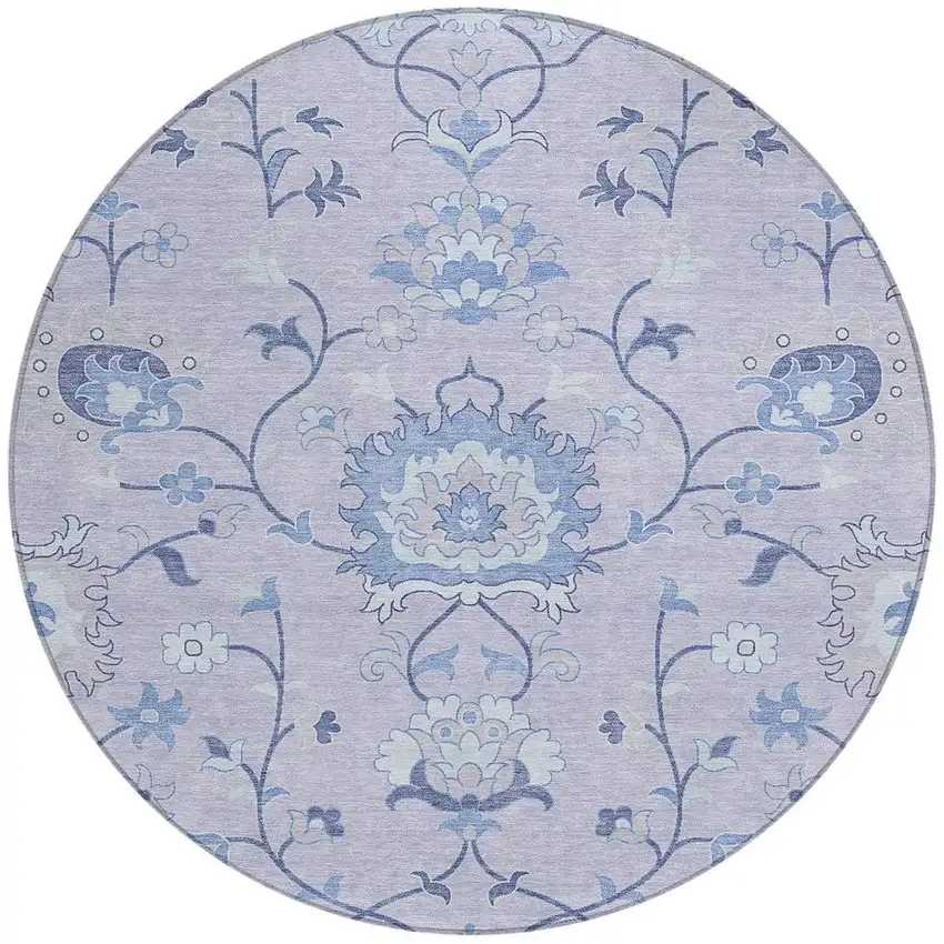 8' Lilac And Ivory Round Floral Washable Indoor Outdoor Area Rug Photo 4