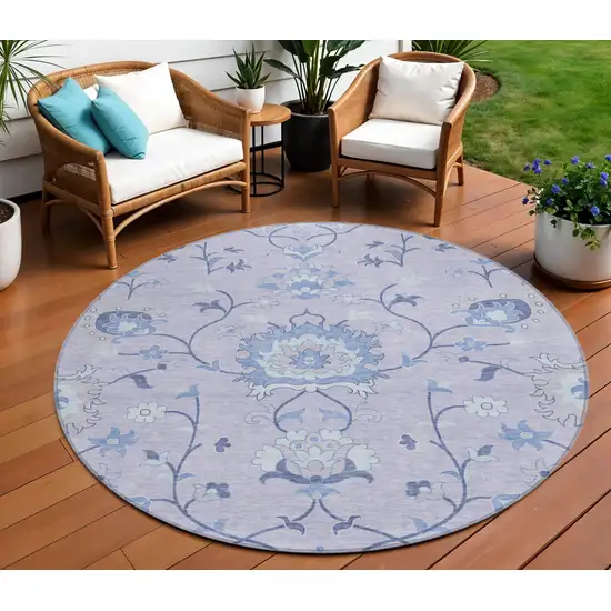 8' Lilac And Ivory Round Floral Washable Indoor Outdoor Area Rug Photo 1