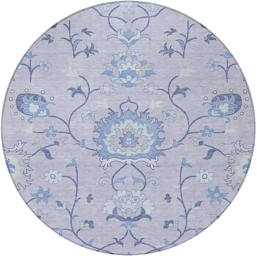 8' Lilac And Ivory Round Floral Washable Indoor Outdoor Area Rug Photo 5