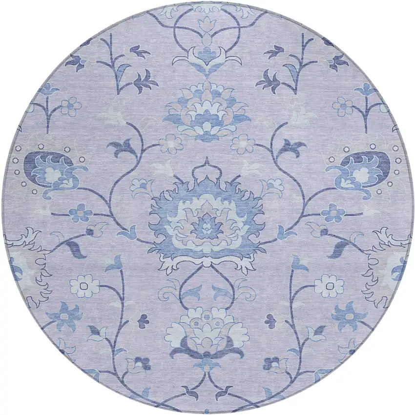 8' Lilac And Ivory Round Floral Washable Indoor Outdoor Area Rug Photo 2