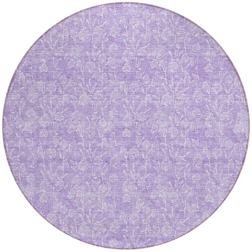 8' Lilac And Ivory Round Floral Washable Indoor Outdoor Area Rug Photo 5