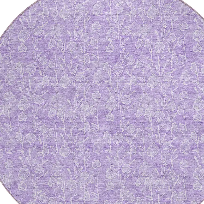 8' Lilac And Ivory Round Floral Washable Indoor Outdoor Area Rug Photo 4