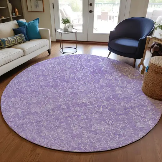 8' Lilac And Ivory Round Floral Washable Indoor Outdoor Area Rug Photo 7