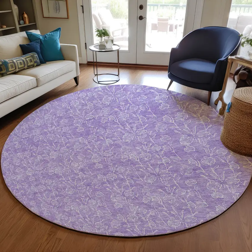 8' Lilac And Ivory Round Floral Washable Indoor Outdoor Area Rug Photo 7