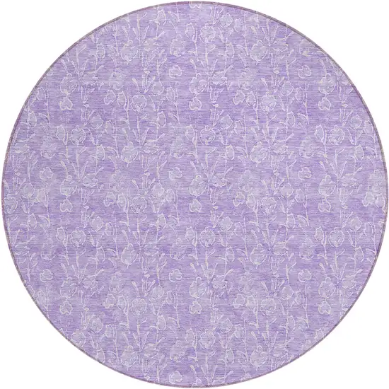 8' Lilac And Ivory Round Floral Washable Indoor Outdoor Area Rug Photo 2