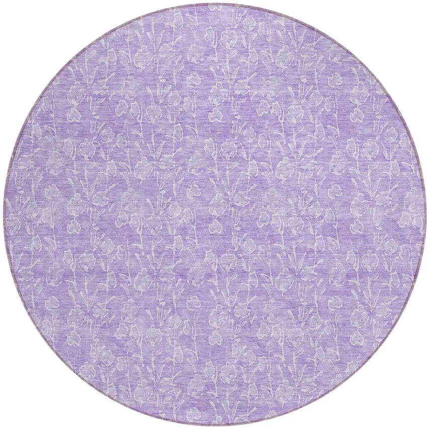 8' Lilac And Ivory Round Floral Washable Indoor Outdoor Area Rug Photo 2