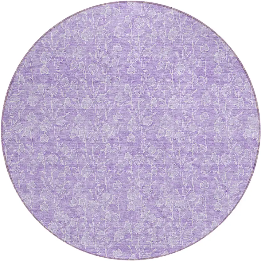 8' Lilac And Ivory Round Floral Washable Indoor Outdoor Area Rug Photo 2