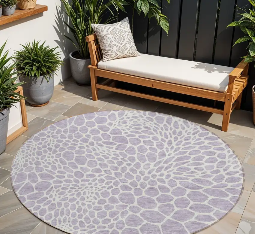 8' Lilac And Ivory Round Geometric Washable Indoor Outdoor Area Rug Photo 1